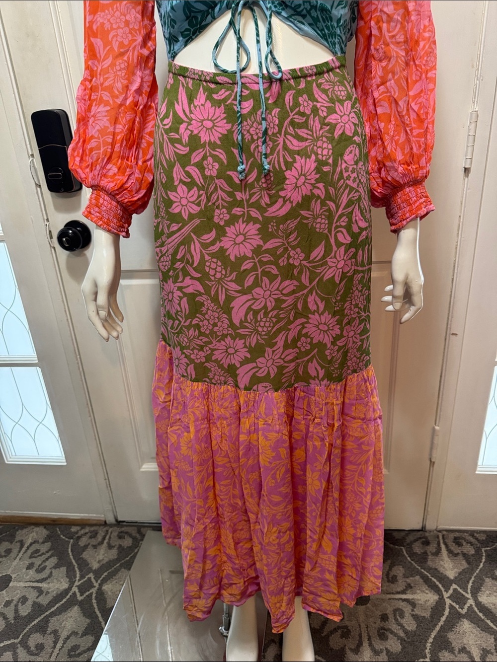 Farm Rio Cutout Maxi Dress Colorblock Floral Maxi Dress with Tie Front S Medium - Picture 5 of 15
